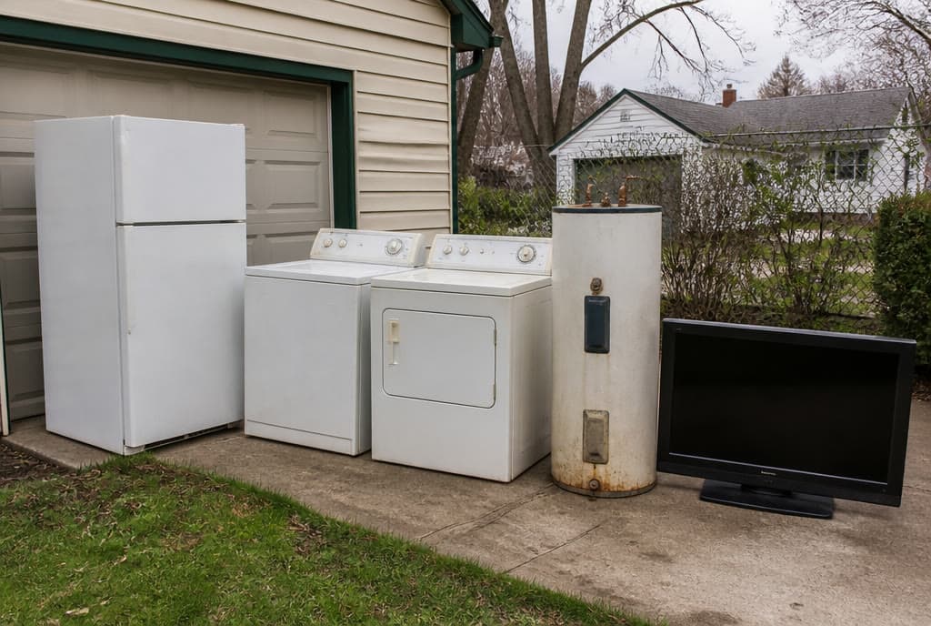 Old refrigerator, washer, dryer and water heater lined up on a driveway ready for pickup