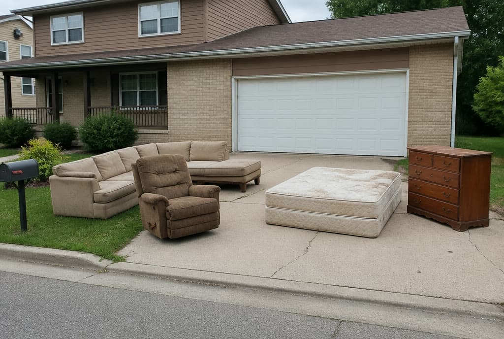 Worn sectional sofa, recliner, mattress and dresser set out on a driveway waiting to be hauled away