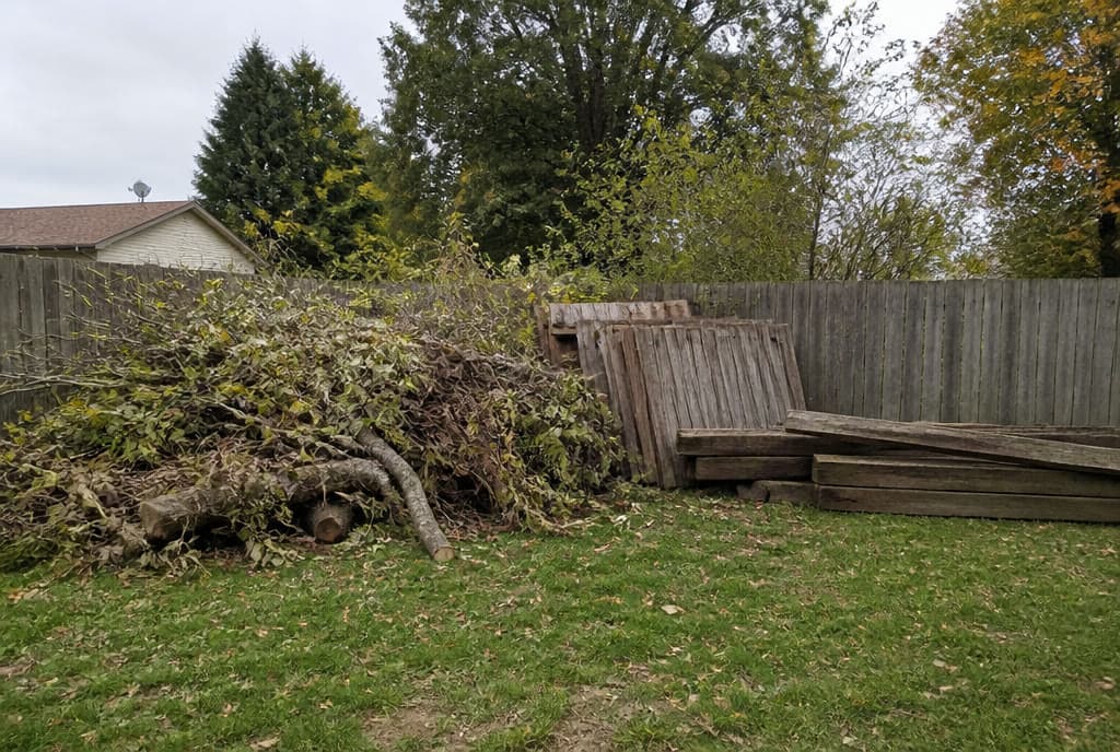 Backyard with a large pile of cut branches, brush and broken fence panels against a wooden fence